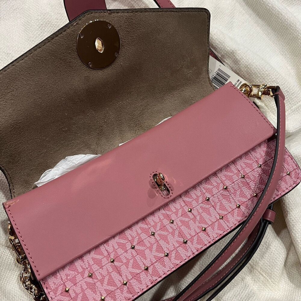 MICHAEL KORS Greenwich Quilted Faux Leather Studded Shoulder Crossbody Rose NWT - Picture 9 of 15